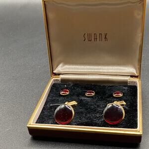 Vintage Swank Red Glass Tux Cufflinks & Shirt Studs Set in Box with Papers